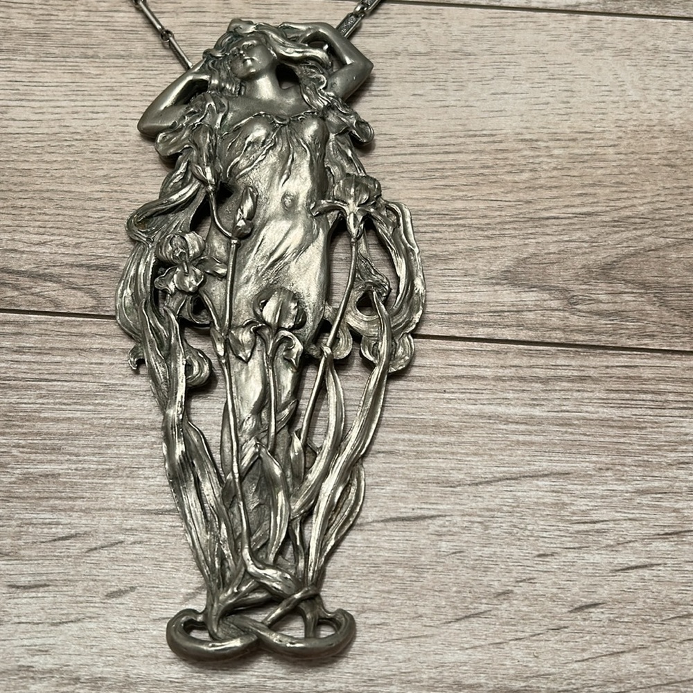 sandyVal 1971 Pewter Elegant Woman Statement Necklace Mythical Vintage Goddess